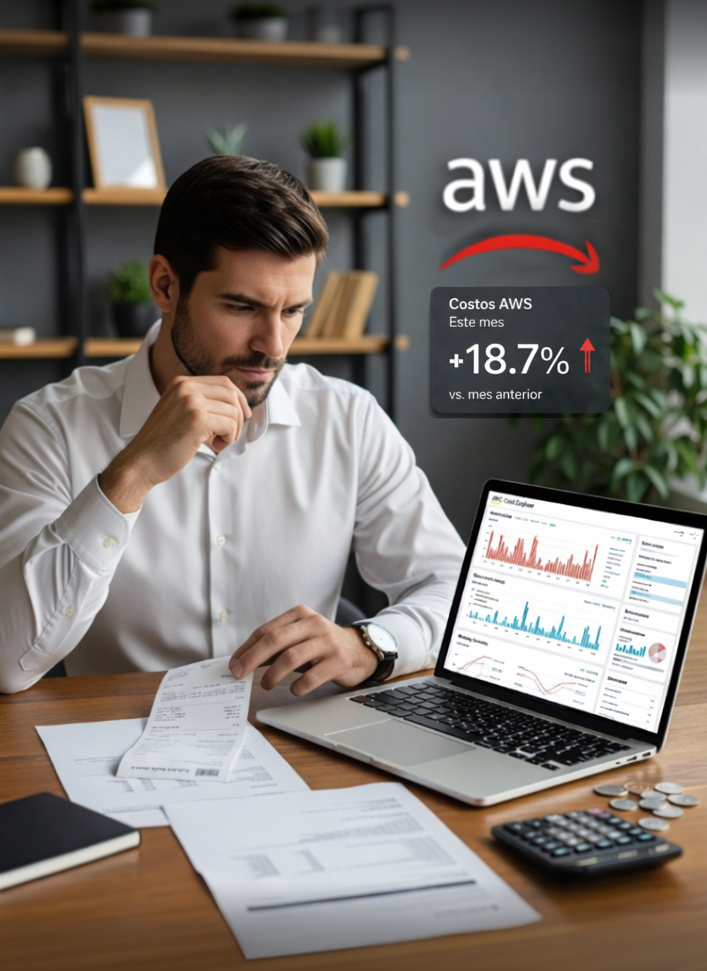 Persona revisando una factura AWS con posibles sobrecostes en su entorno cloud