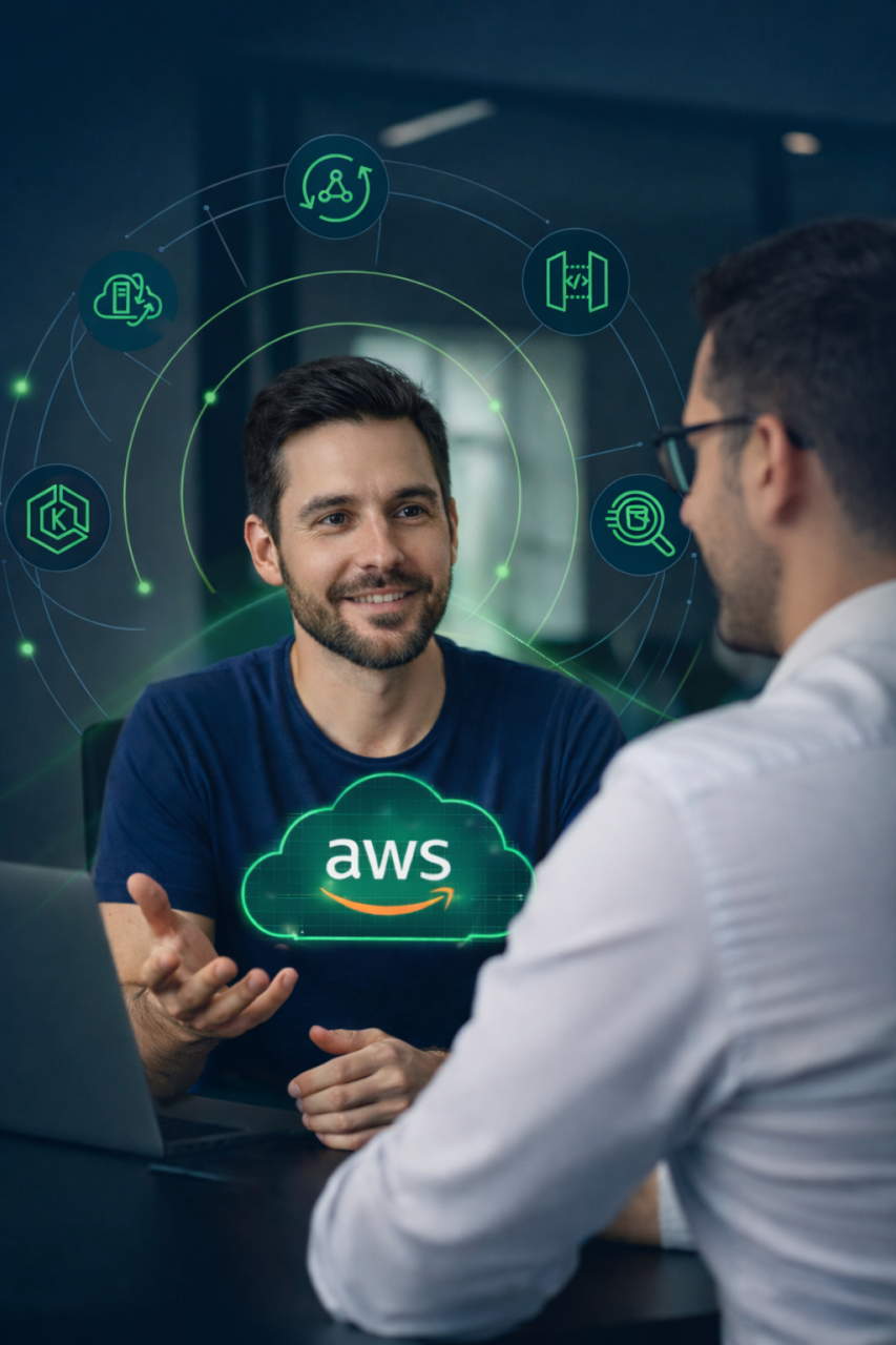 Experto cloud revisando un entorno AWS y acompañando decisiones de optimización con criterio técnico